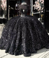 Sparkly Black Sequin Quinceanera 15 Dresses Beaded Strapless with Bow - MyChicDress
